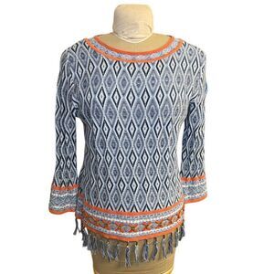 Ruby Rd. Lightweight Knit Sweater Geometric Pattern Sz. M Fringe Hem Blue/White/